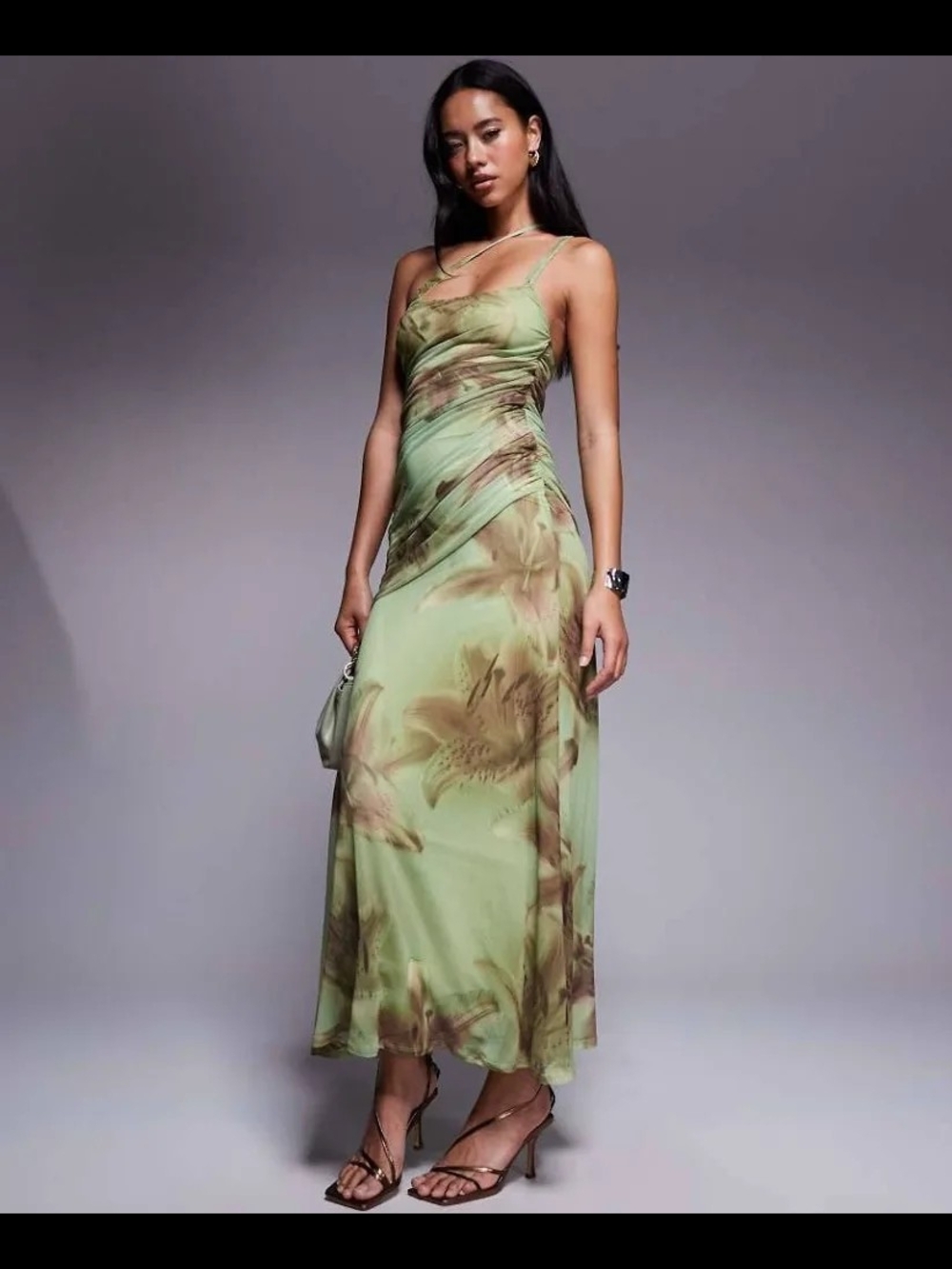 ASOS DESIGN mesh asymmetric strappy back ruching maxi dress in hibiscus print